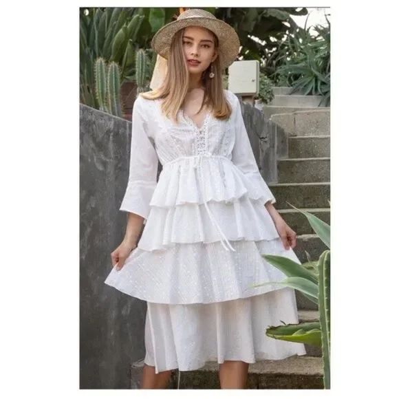 WHITE Woven Dress w/ ruffle layer & flare sleeves - Picture 8 of 9